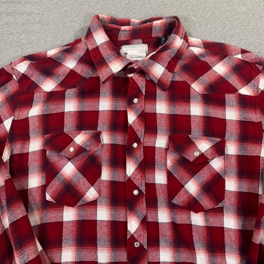 Wrangler Wrancher Shirt Mens 2XT Red Plaid Cotton Flannel Western Pearl Snap